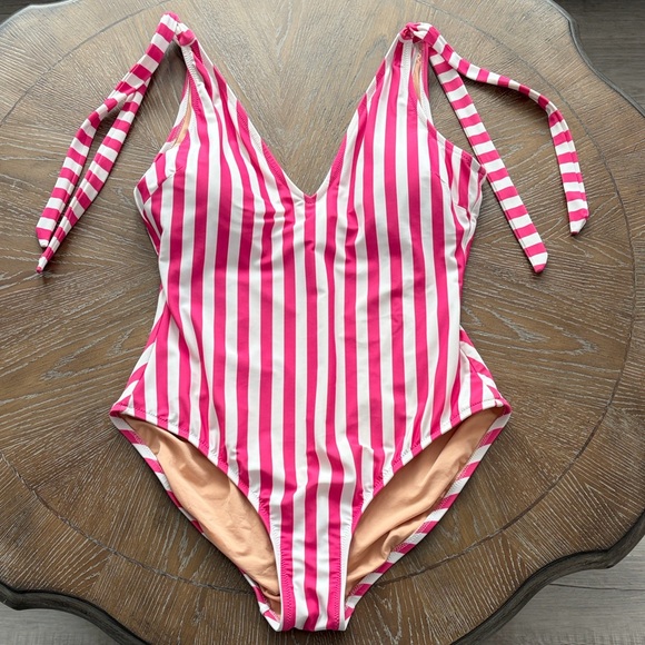 J. Crew Striped Tie-Shoulder One-Piece Swimsuit Large - Picture 3 of 9